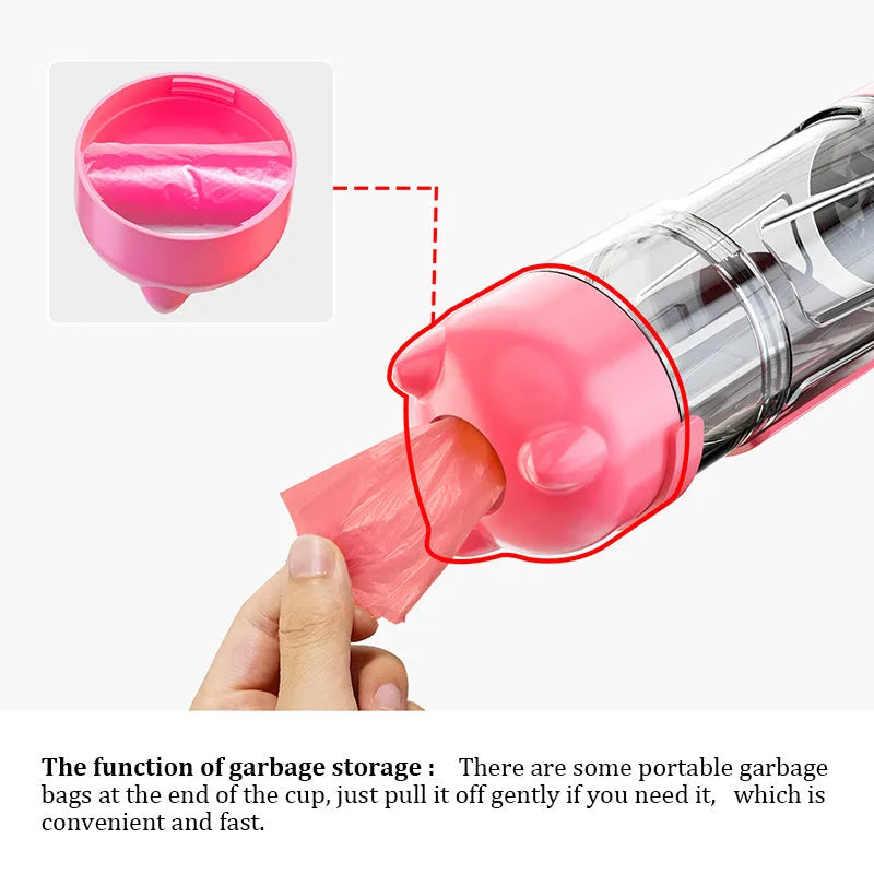 300ml multi-functional pet water bottle in yellow with side poop shovel and bottom garbage bag compartment