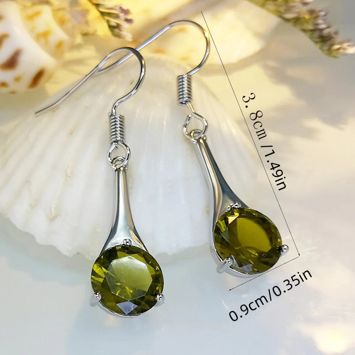 Olive green topaz drop earrings with minimalist water drop shape and retro style