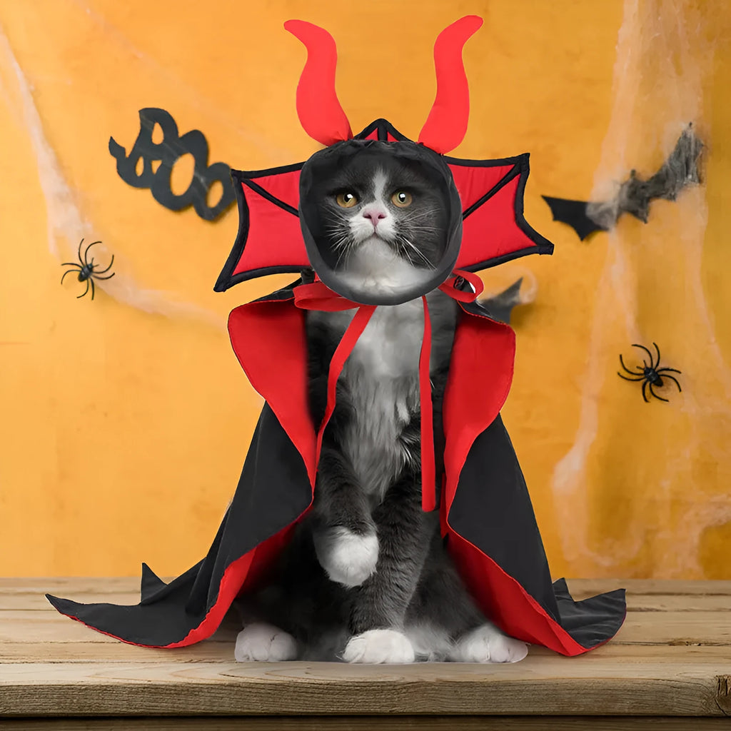 Black polyester vampire costume with cloak and hat for cats or dogs on Halloween