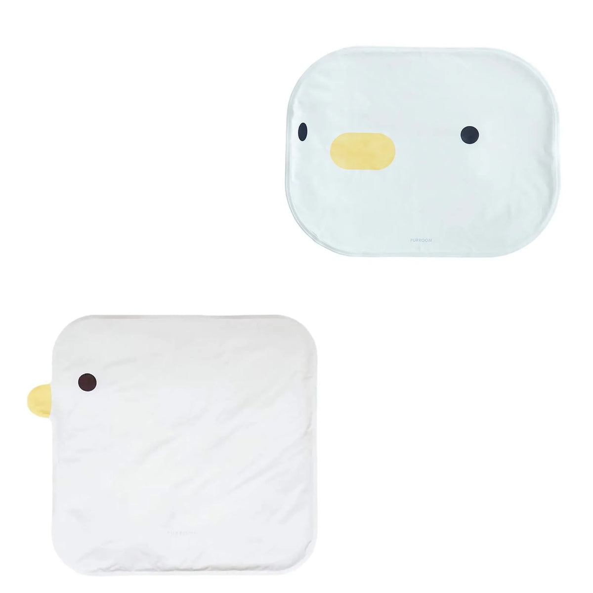 Square chick-shaped blue pet cooling mat on a wooden floor.