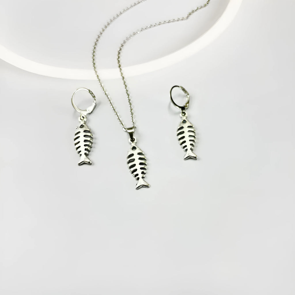Women's retro-style alloy fishbone pendant necklace and matching earrings set on a white background
