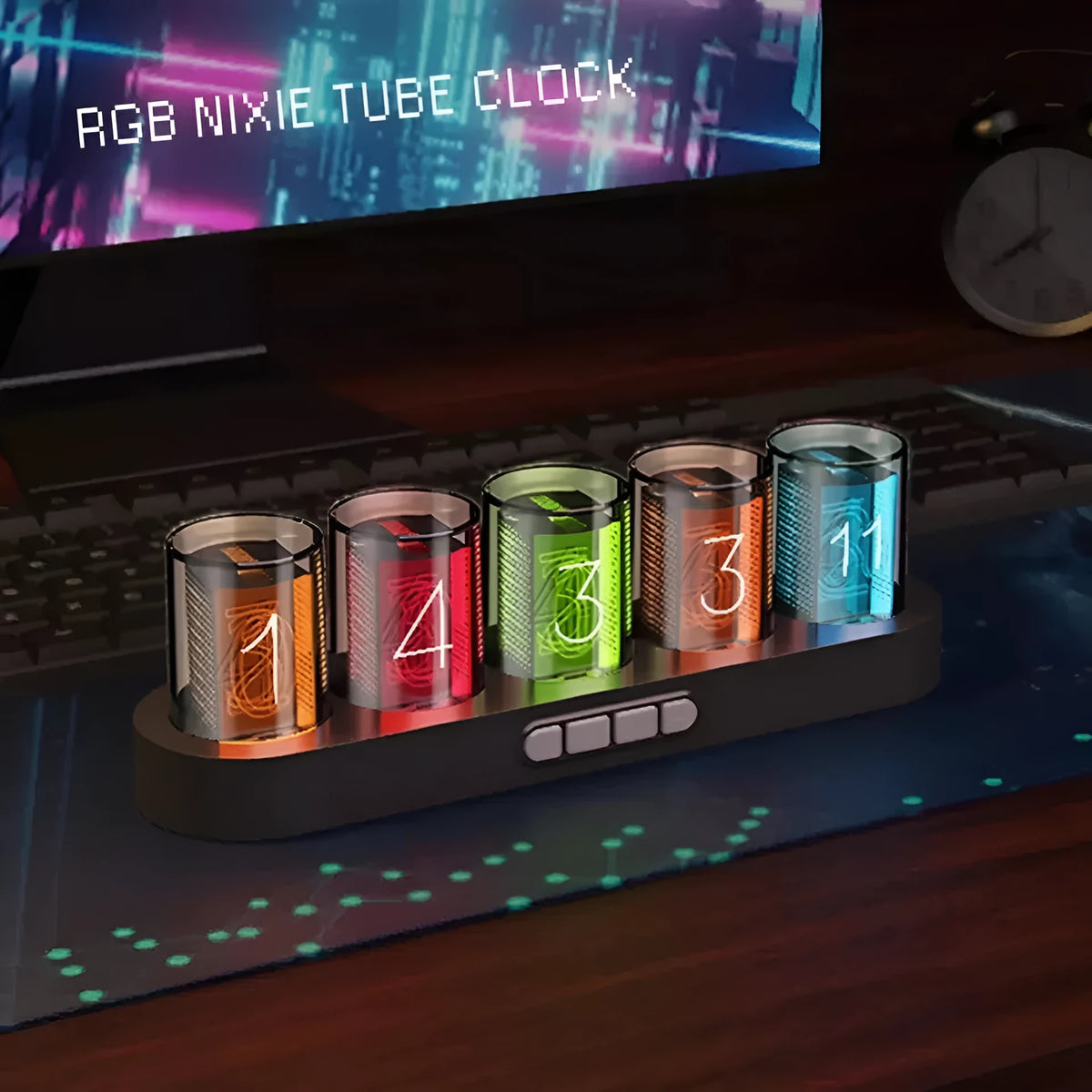 RGB Luminotron LED digital desk clock showing time display with colourful lighting effects