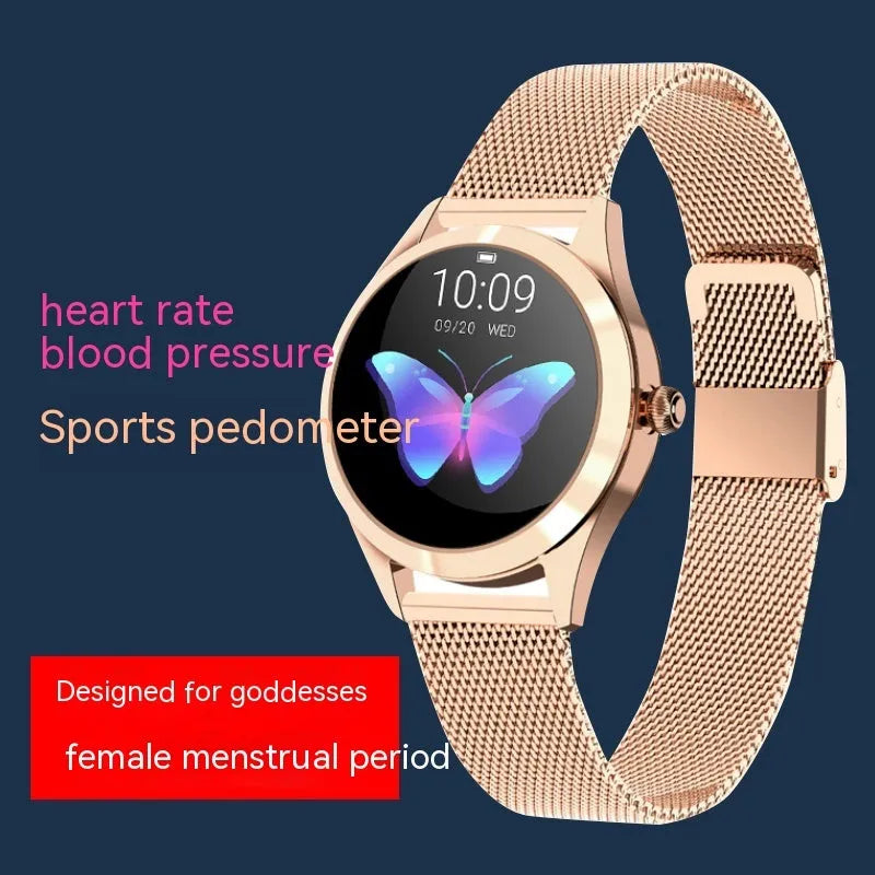 Women's multi-functional smartwatch with heart rate monitoring in black, rose gold, silver, or white colour options