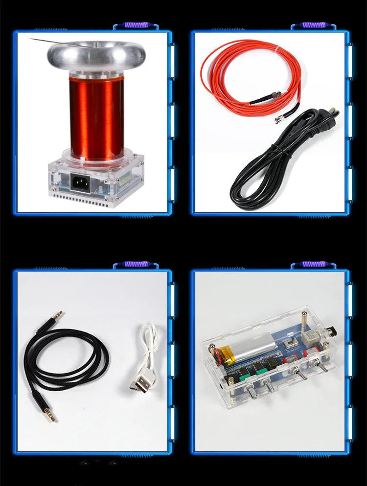 Music Tesla coil driver board with controller and cables for 20cm high-voltage arc displays.