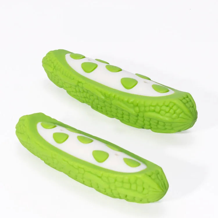 Green and purple TPE dog chew toys in large and small sizes with meat scent