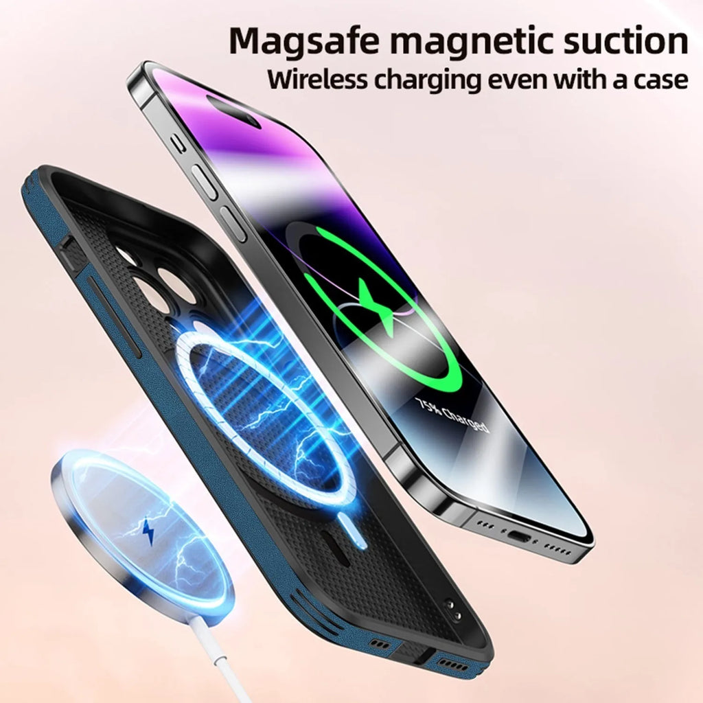 iPhone 16 series imitation leather phone case with embossed moose head print and magnetic charging feature.