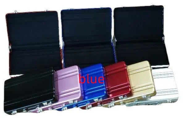 Slim aluminium alloy metal card holder in six colour options showing 100x65x16mm dimensions.