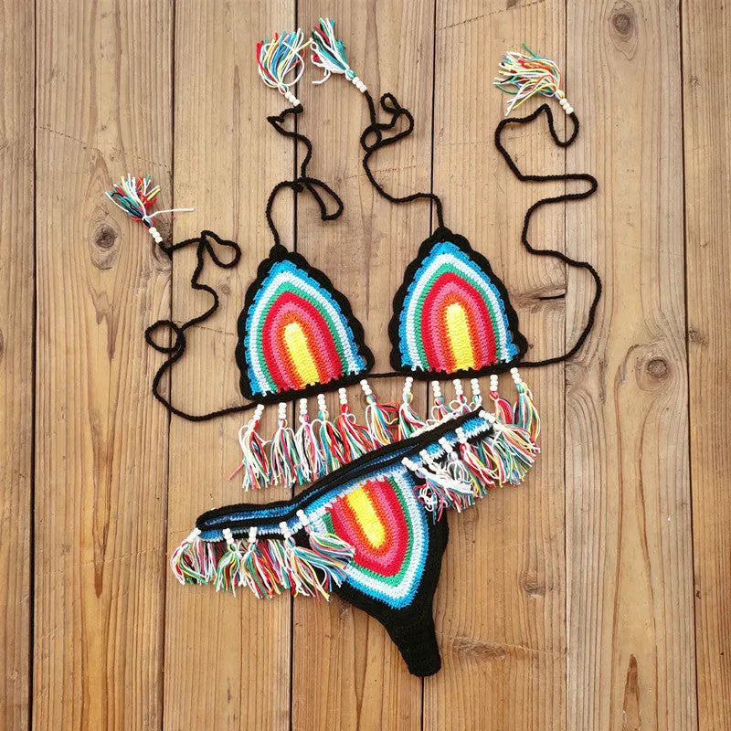Handmade crochet bikini swimsuit with tassel detail in rainbow colours on cotton fabric