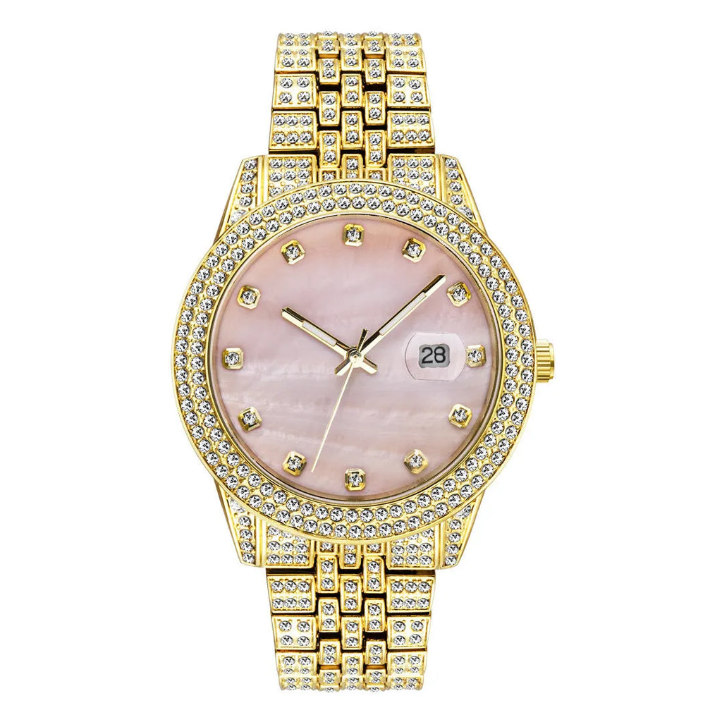 Men's quartz watch with calendar function, alloy case, 10mm thickness, multiple colour options including gold and green
