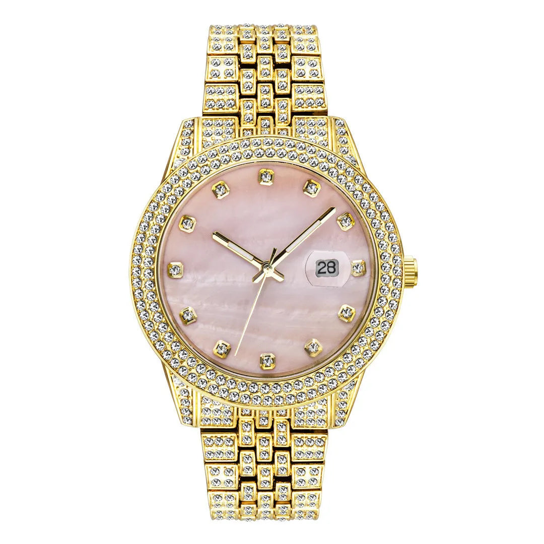 Men's quartz watch with calendar function, alloy case, 10mm thickness, multiple colour options including gold and green