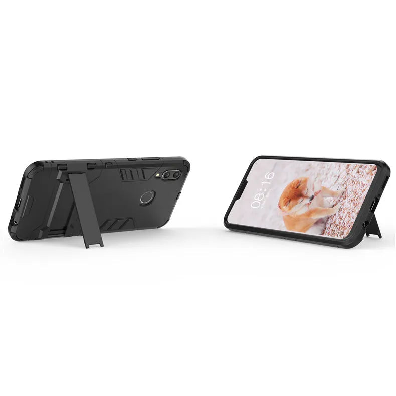 2-in-1 bracket phone case for Huawei P20 series in pure black, blue black, or red, made from TPU PC