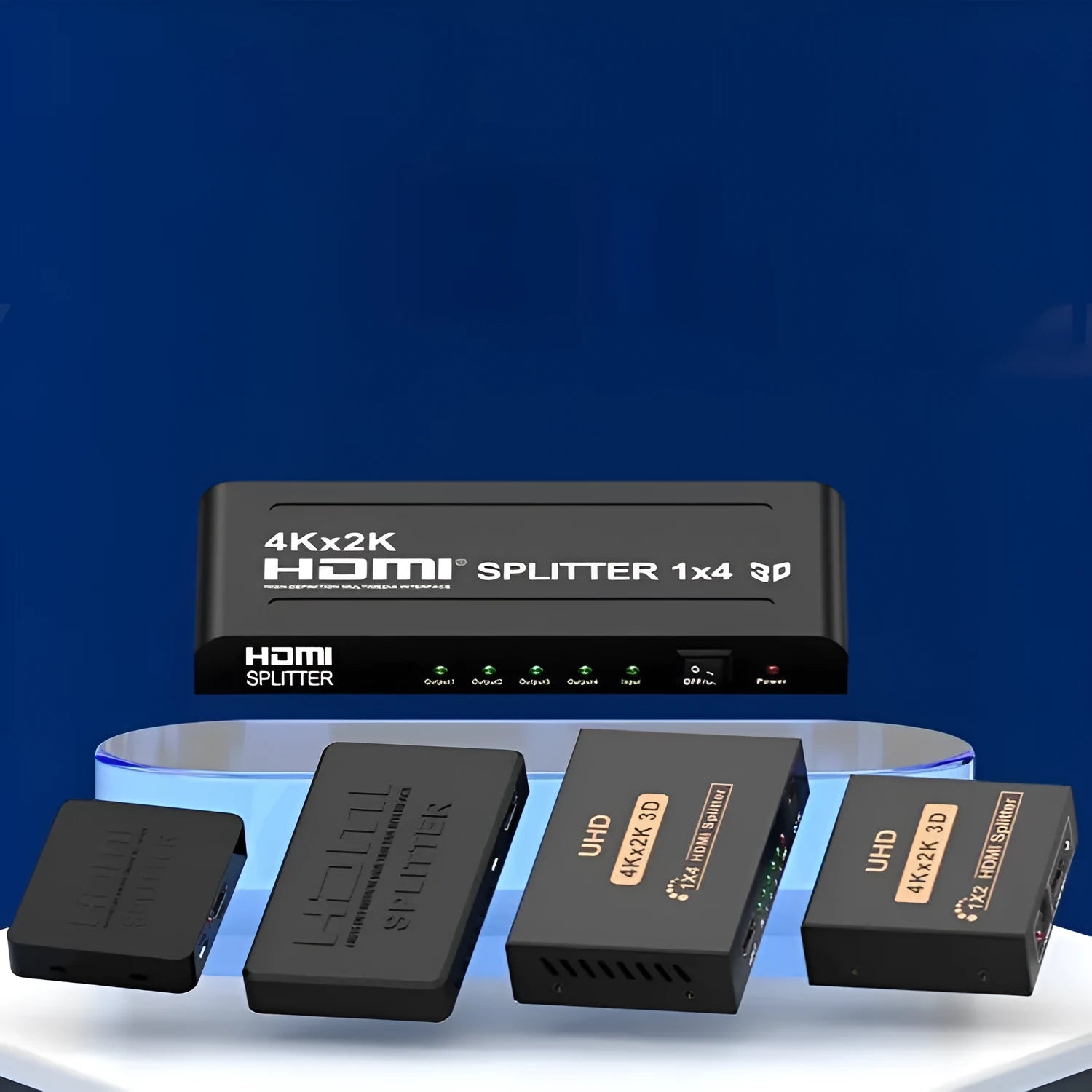 4K HDMI one-to-two distributor with mini, standard, and long cable model options