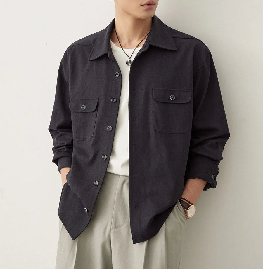 Men's long sleeve shirt with cotton fabric lapel in light sand rice colour, showing simple profile design