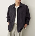 Men's long sleeve shirt with cotton fabric lapel in light sand rice colour, showing simple profile design