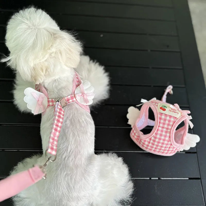Pink cotton dog harness with chest and back connection points for small breed walking control