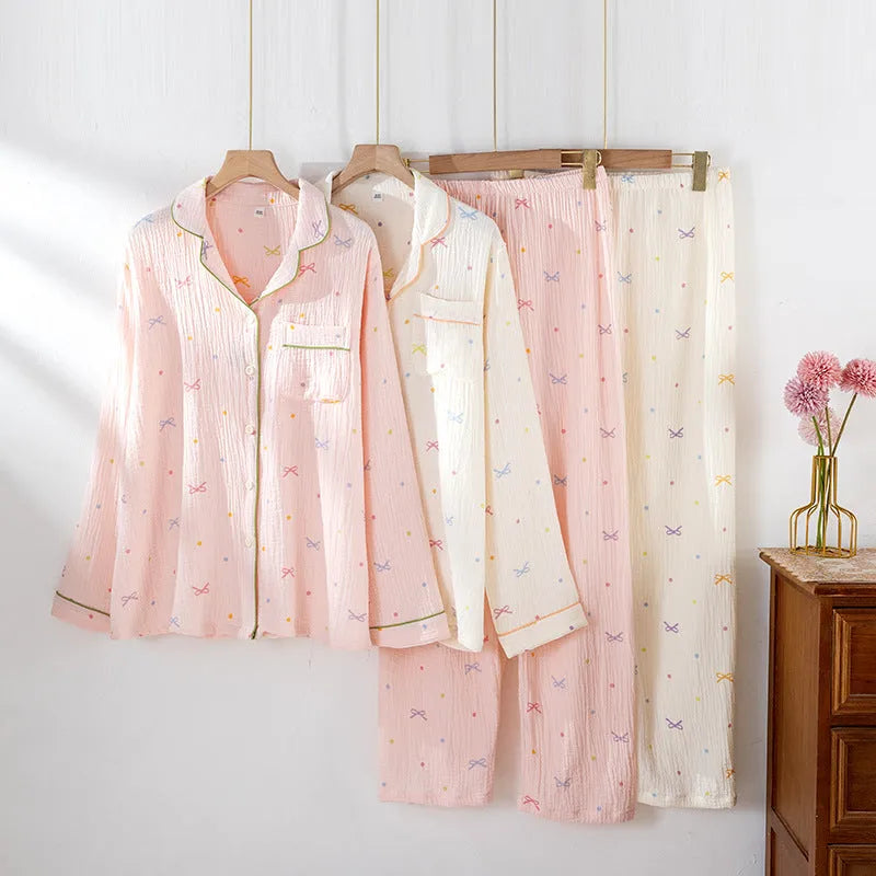Women's cotton pajama set in beige with long sleeves and trousers