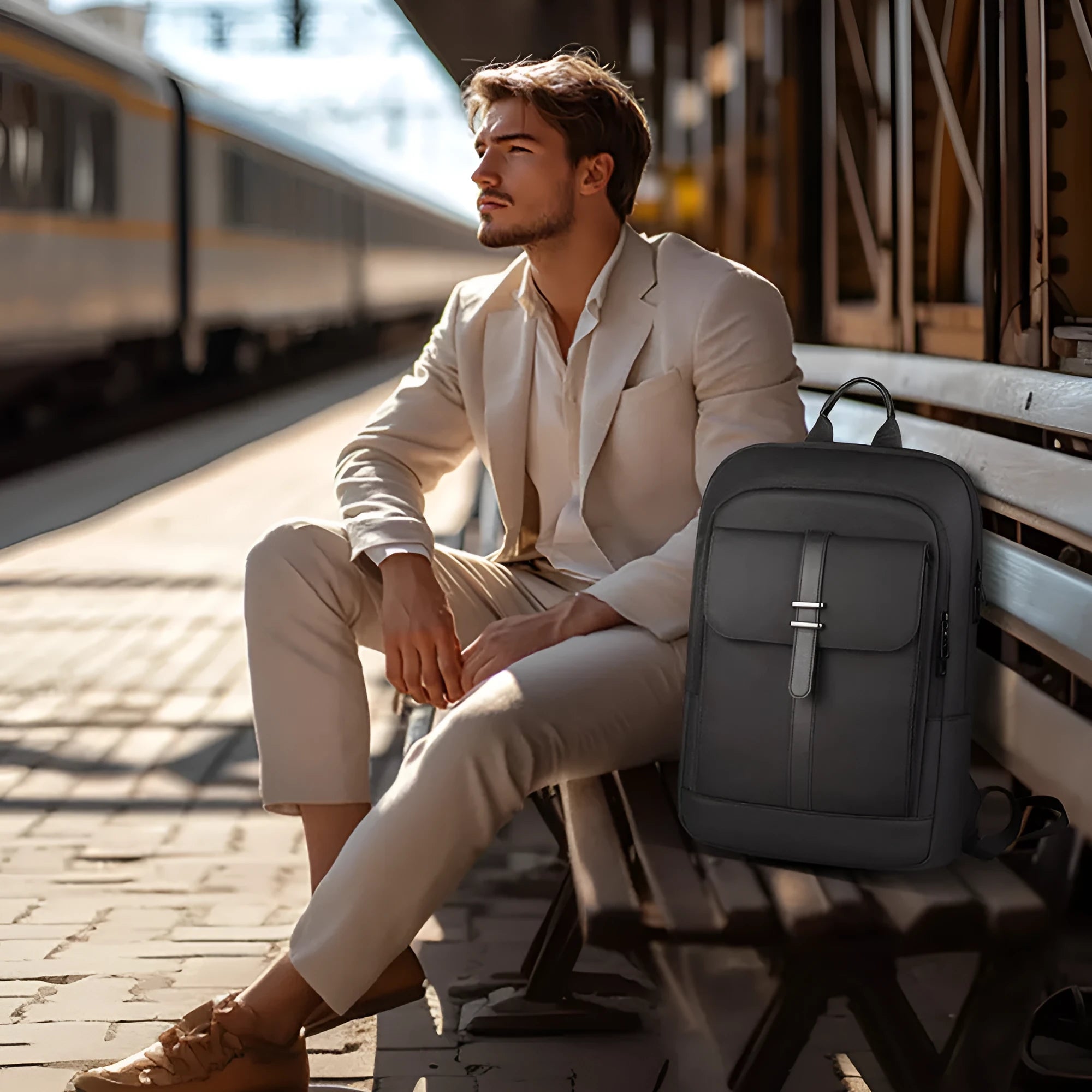 Black Oxford cloth backpack with sewing line detailing for business and urban use