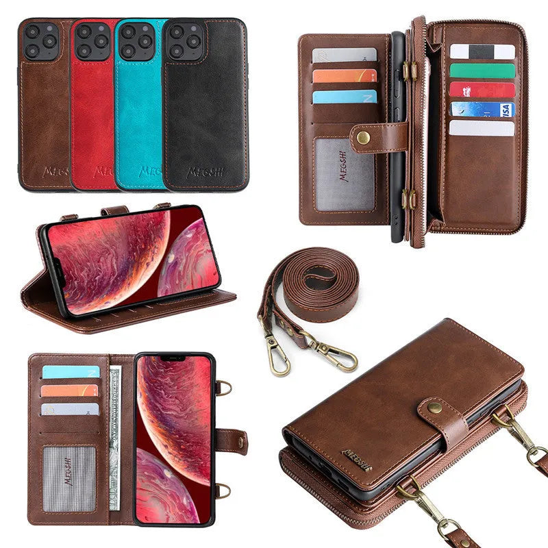Detachable wallet phone case showing magnetic backpack separated from PC flip cover for Samsung and iPhone
