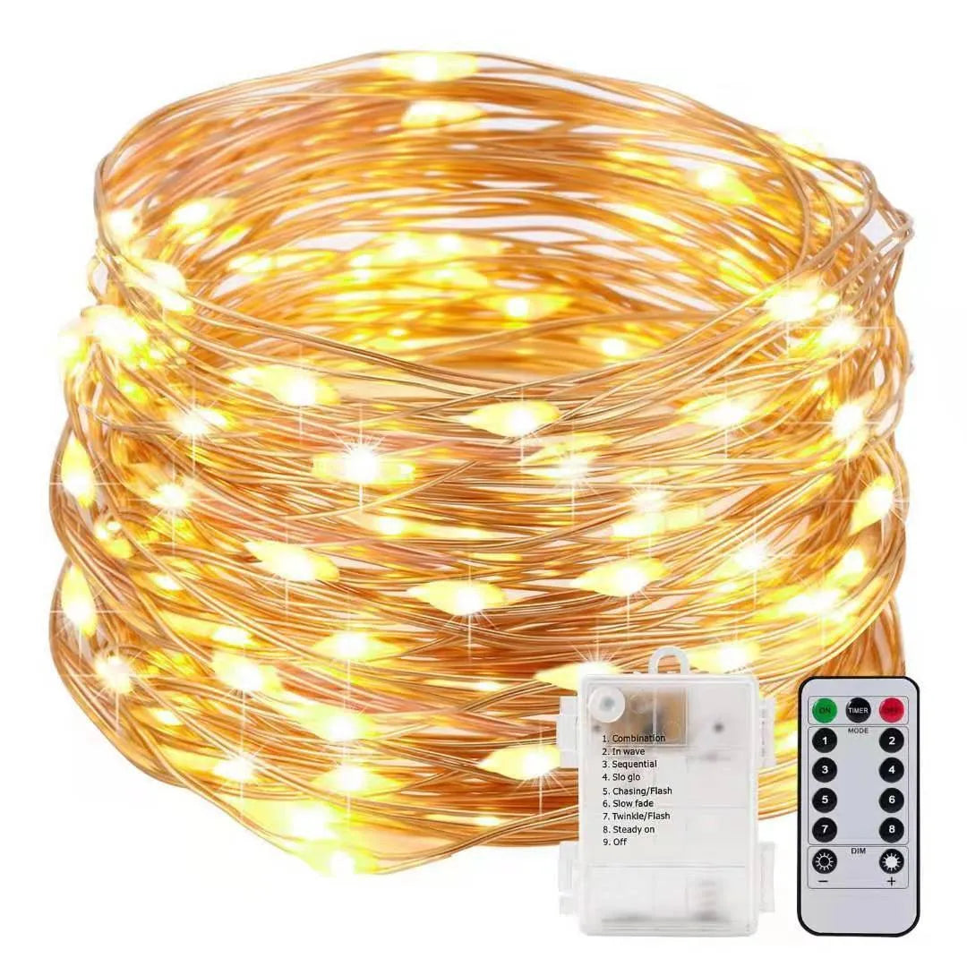 12-metre copper wire LED string light with battery box and 120 bulbs in various colour options