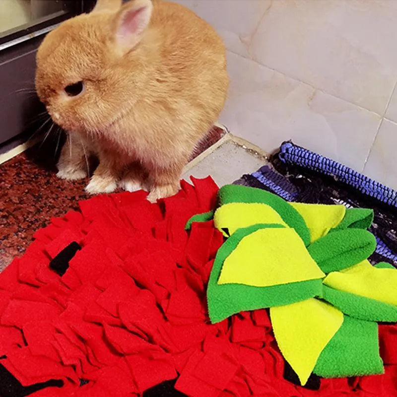 Red and green strawberry-shaped pet slow feeder mat with textured hiding spots