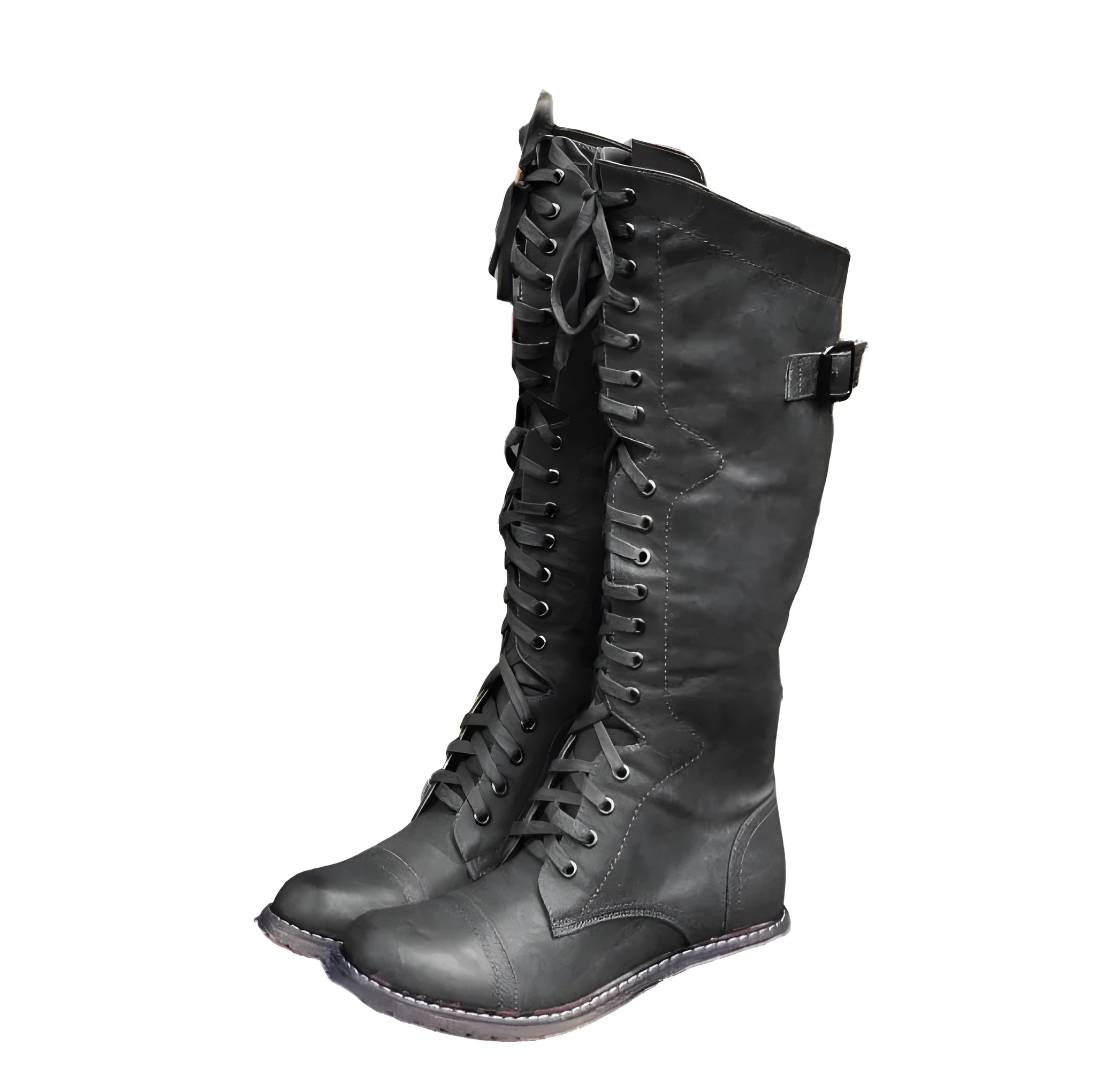 Black women's knee high boots with cross strap and lace-up front design on a white background.