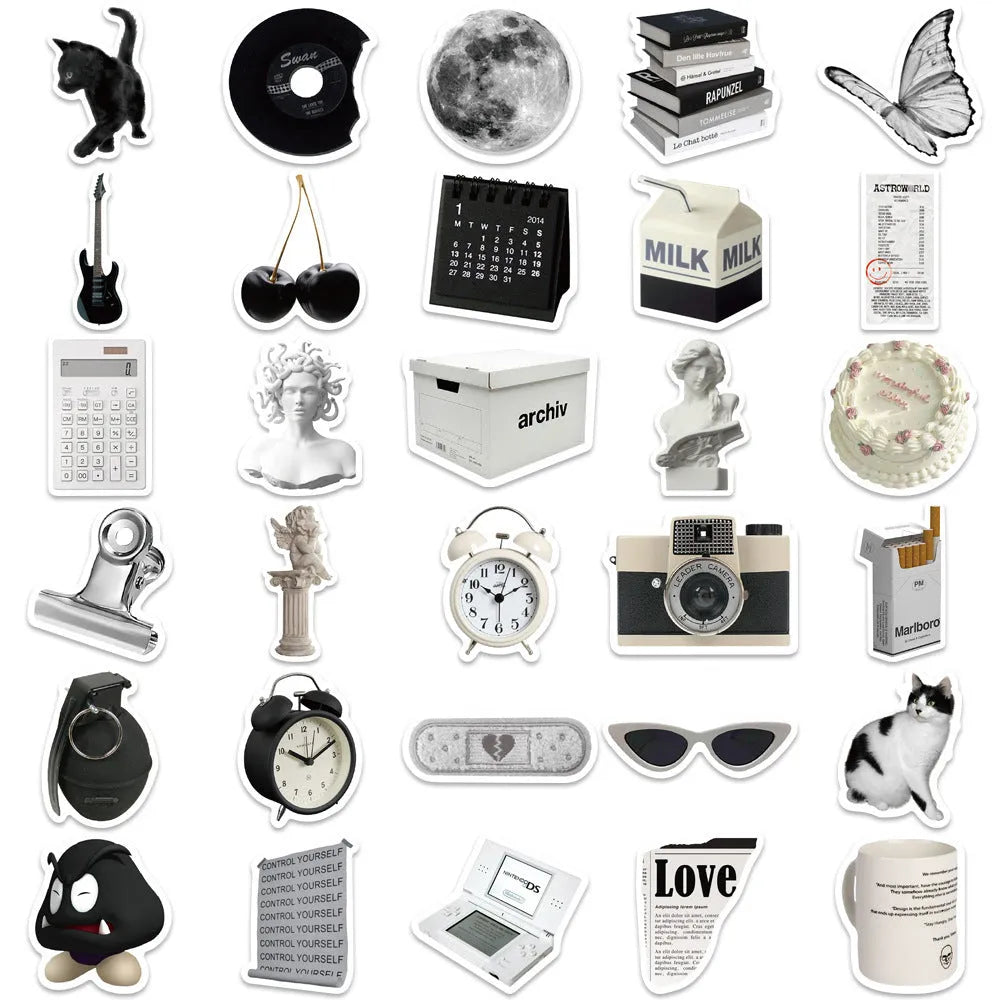 Black and white waterproof sticker sheet with 61 designs for laptop cup phone case decoration