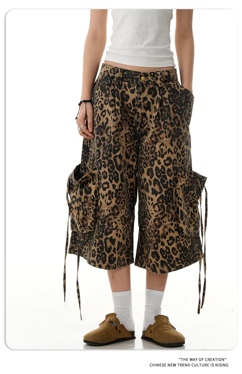 Leopard print high-waist cotton cropped pants with a loose straight leg and button front.