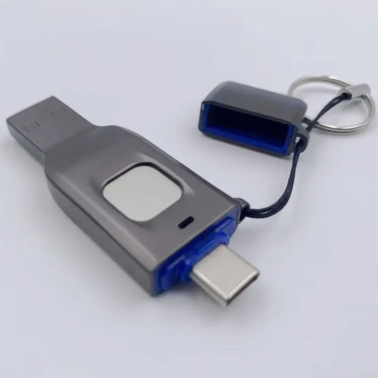 Black metal fingerprint encrypted USB flash drive showing USB 3.0 and Type-C connectors