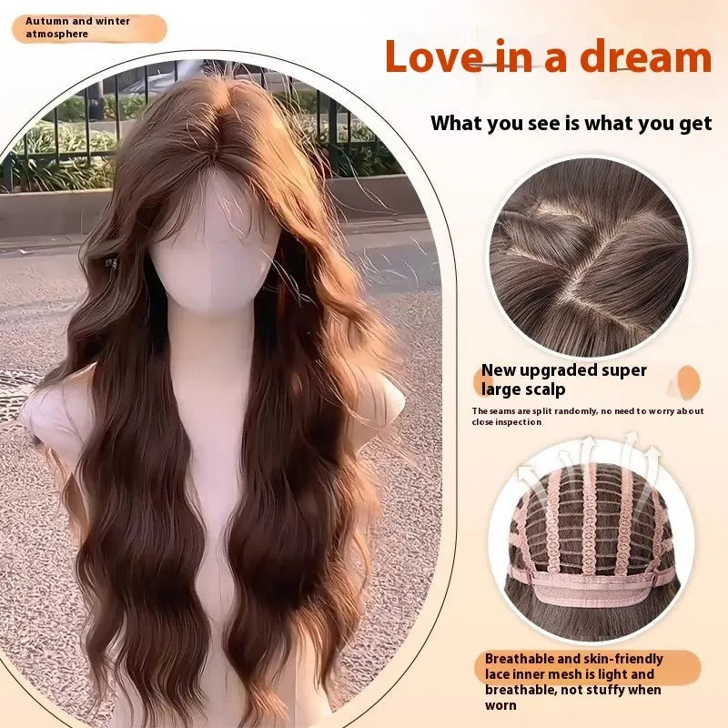 Female long curly full-head wig with side bangs in high-temperature fibre artificial hair