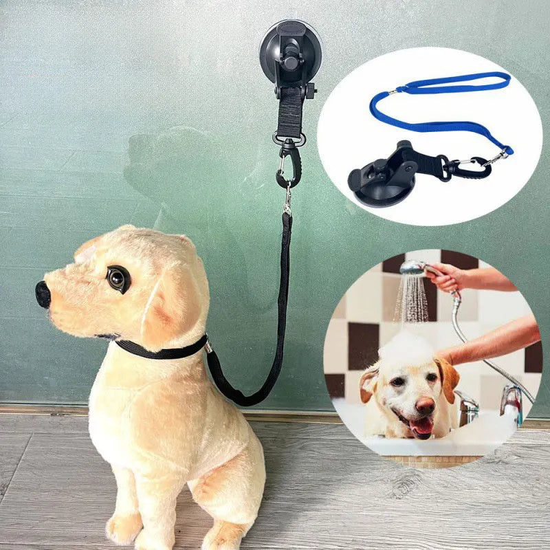 Pet bathing restraint system with suction cups and handcuff-style ties in black and blue colour options