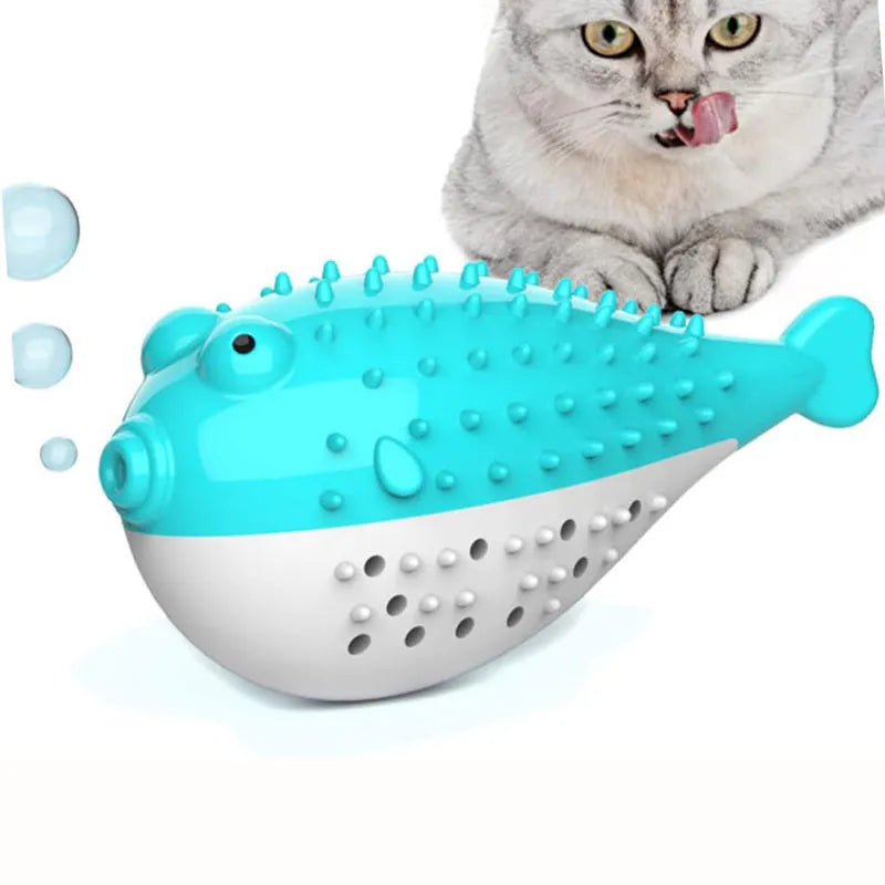 Silicone fish-shaped cat chew toy in blue, green, pink or yellow colours for interactive play