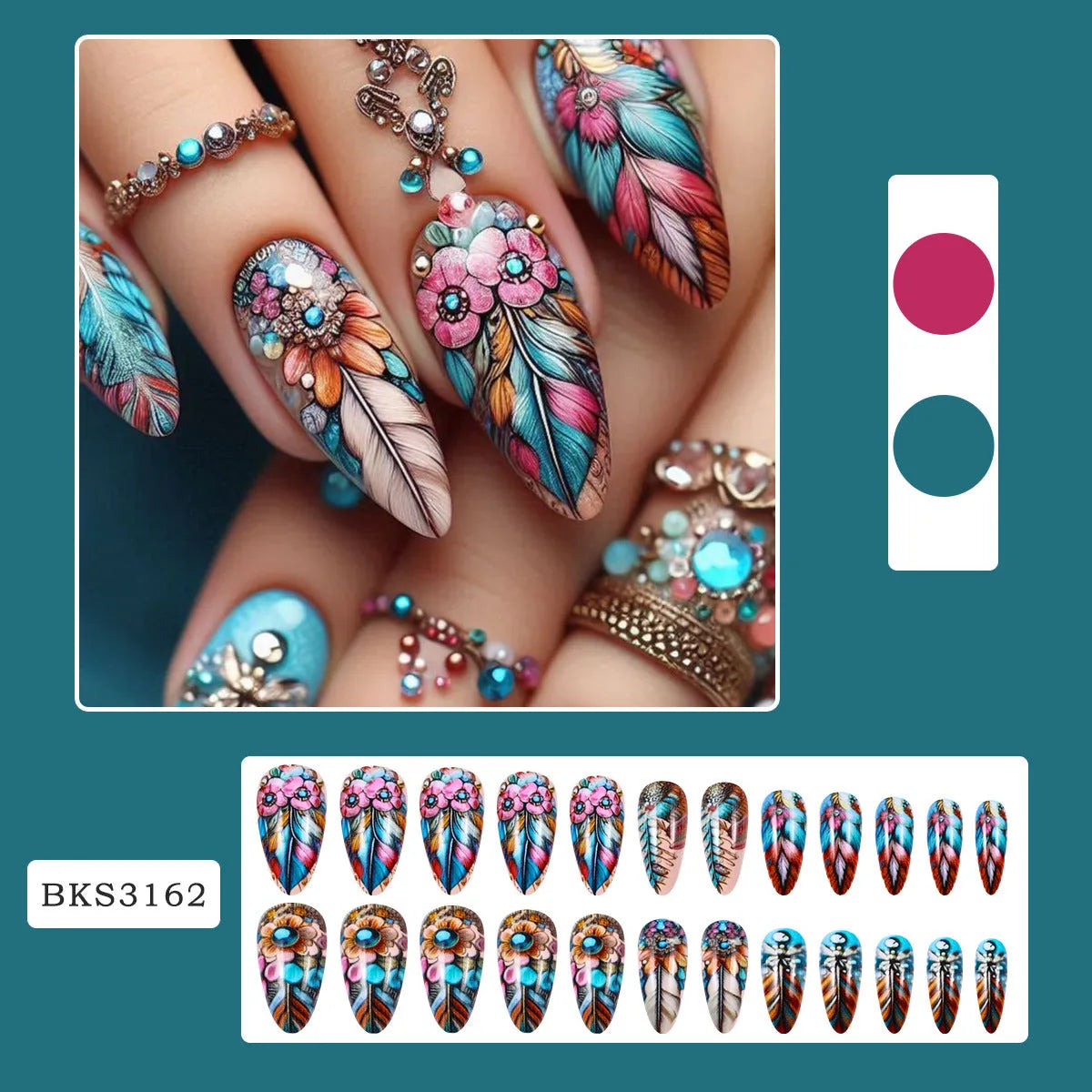 Retro style nail art kit with colourful feather pattern burnishing sticks on plastic tools