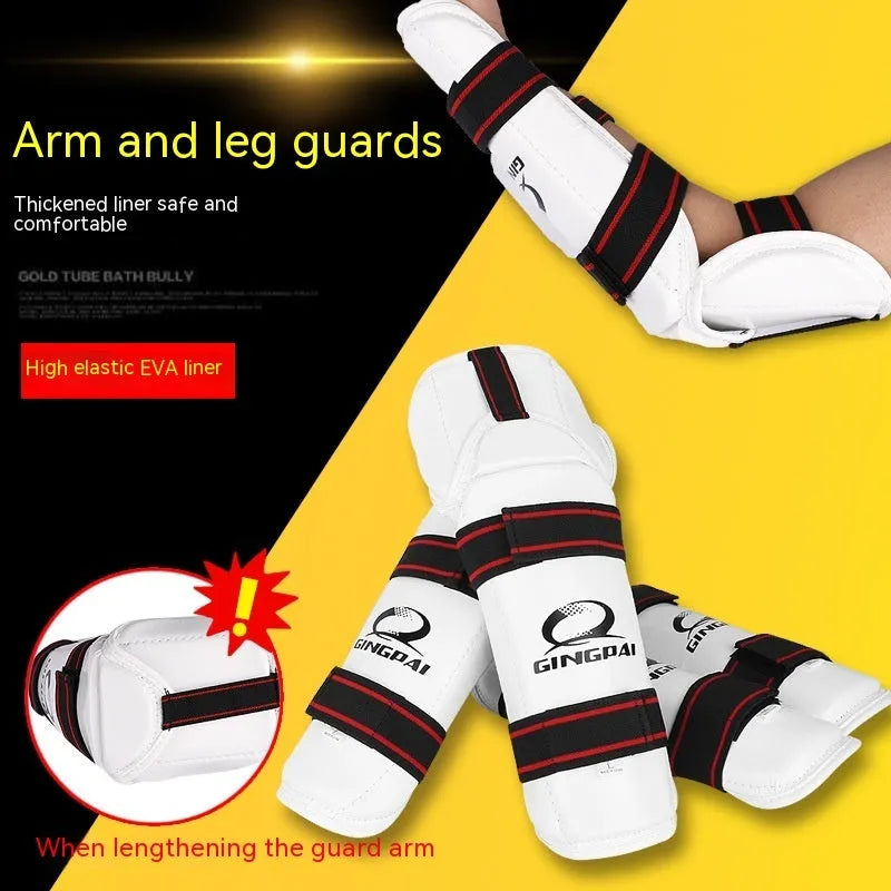 Taekwondo protective gear set including PU EVA arm guards and leg protectors in black for martial arts training