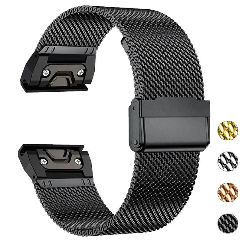 Silver stainless steel replacement strap for Garmin Fenix watch with quick-release pins.