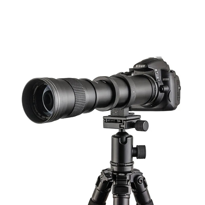 Manual 420-800mm telephoto zoom lens adapter with extended barrel and T-port ring.