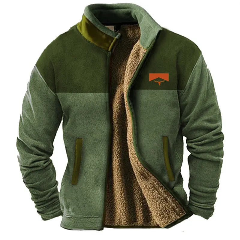 Men's green fleece padded coat with a regular 50cm length on a hanger.