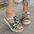 Leopard print wedge platform sandals with PU upper in light green colour, showing fishmouth toe design.