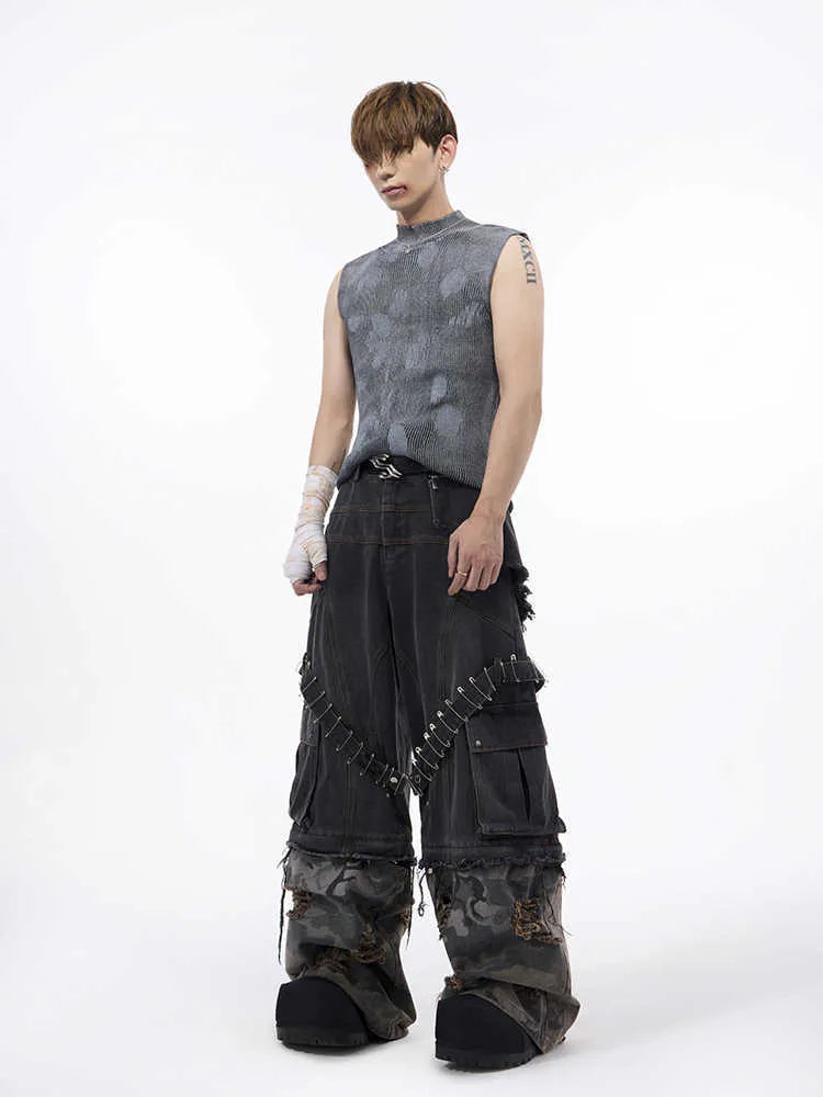 Black men's sleeveless t-shirt with silver pastebrushing texture and stand collar, showing pullover vest styling