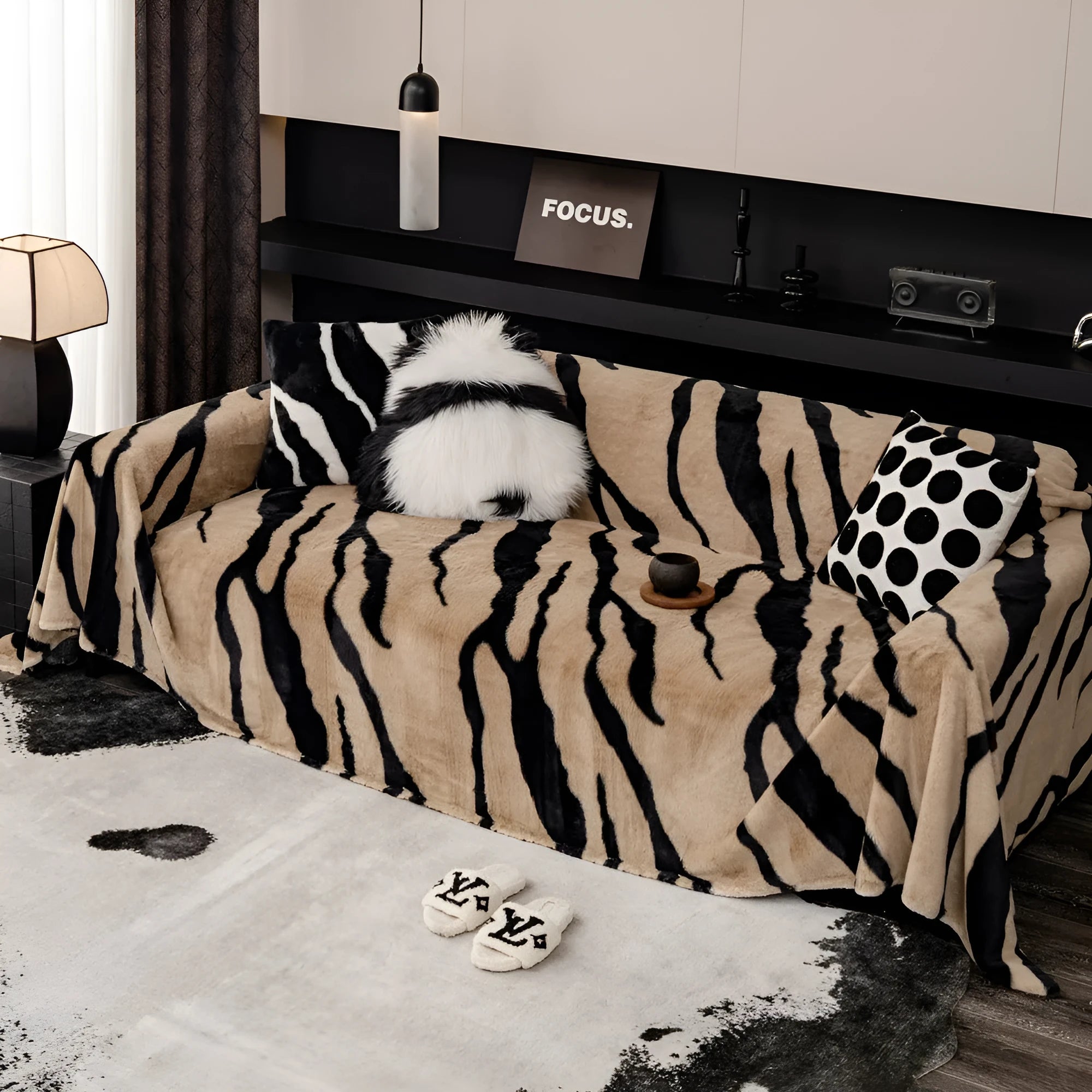 Zebra pattern flannel sofa cover and pillowcase in caramel colour on a sofa