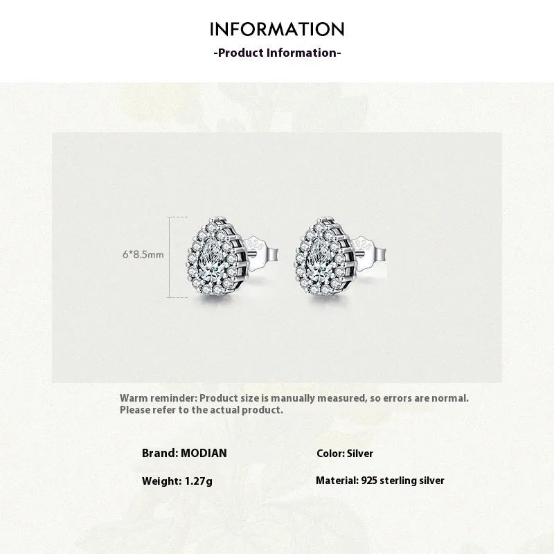Silver water drop ear studs with diamond treatment on 925 sterling silver