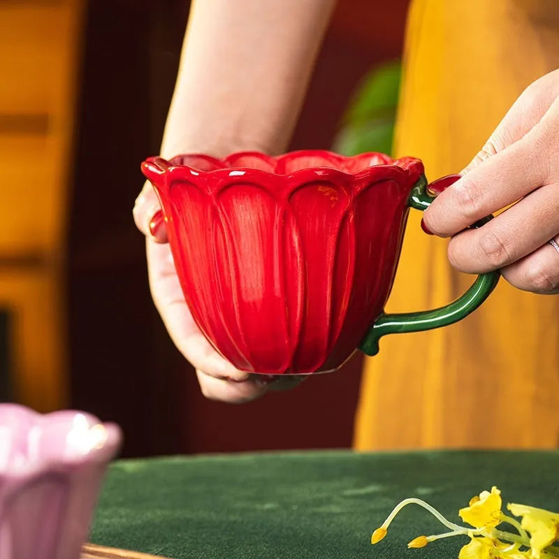 500ml floral ceramic breakfast cup in red or purple pastoral design