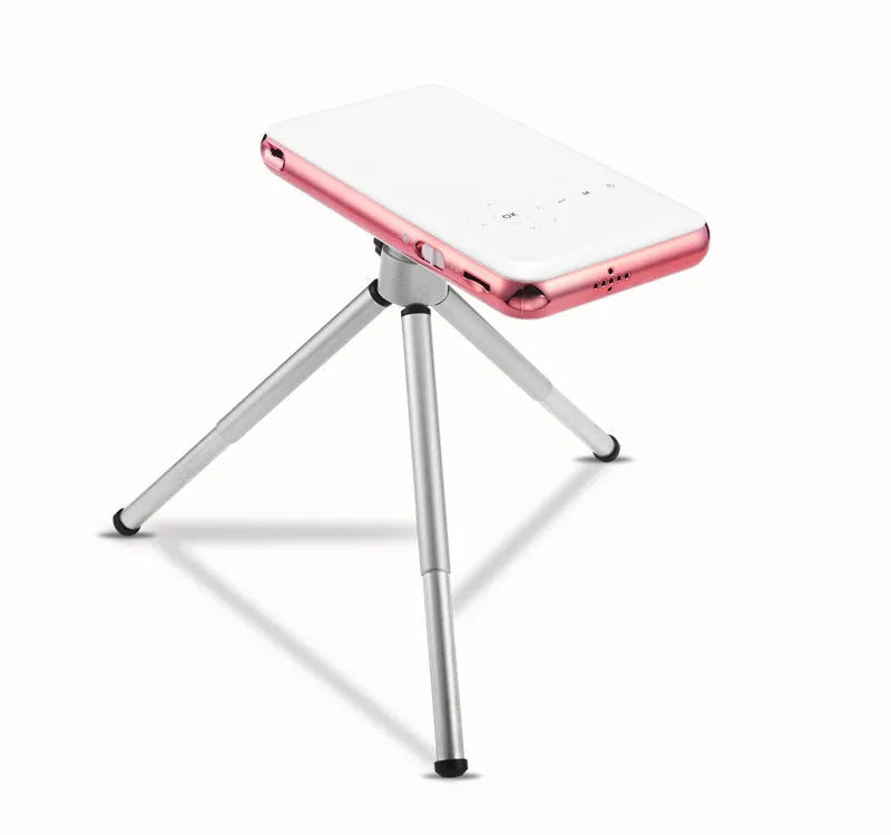 M6S miniature portable Android DLP projector in white rose gold, showing compact 145mm size