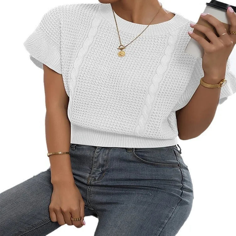 Women's twisted string design knitted pullover with ruffled short sleeves in loose Japanese Korean casual style