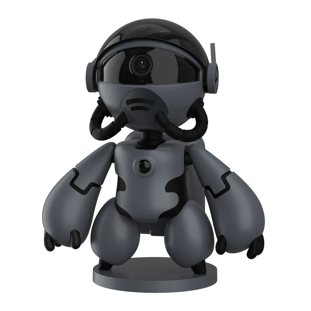 White or black compact home security camera on a detachable base, showing 1080P HD and battery operation.