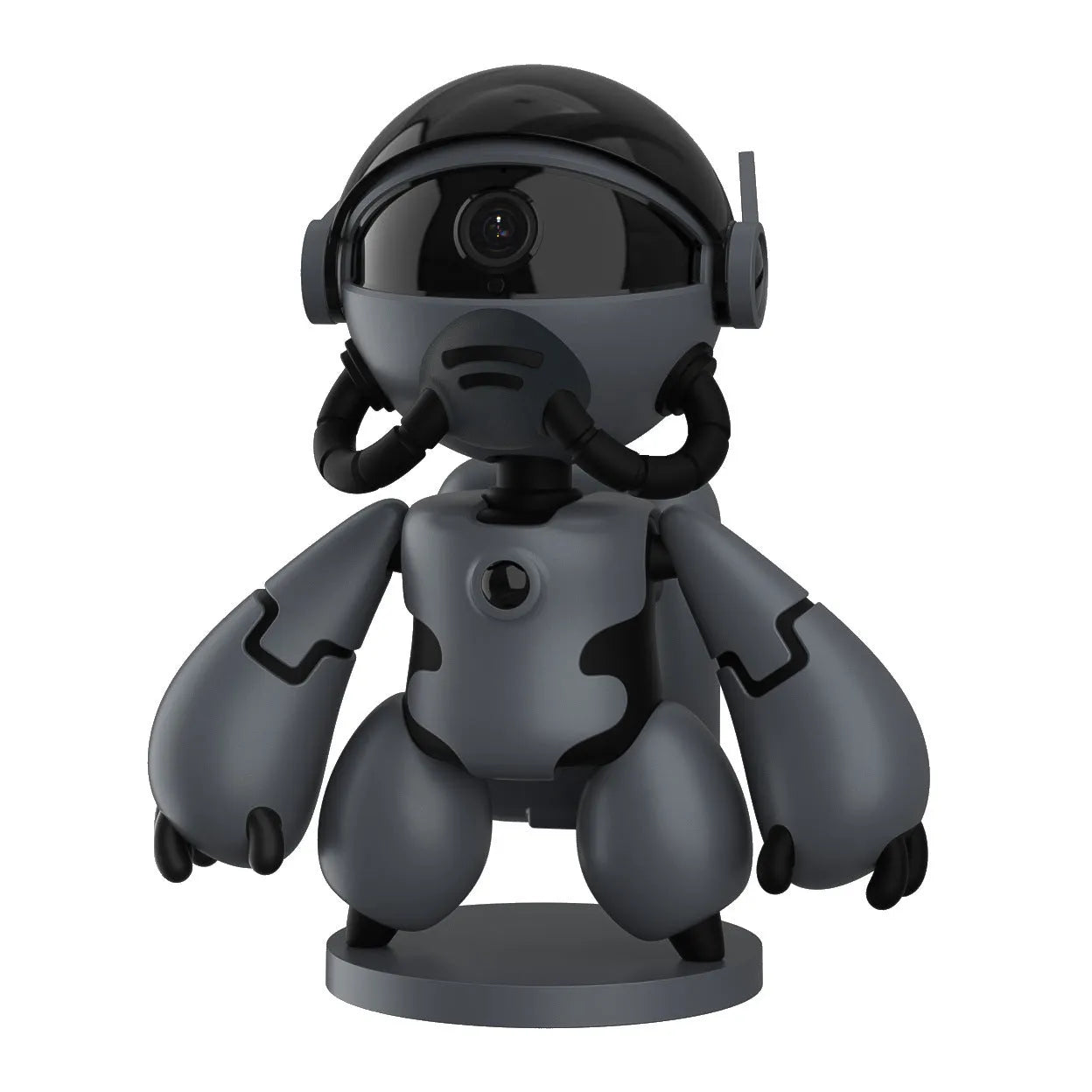 White or black compact home security camera on a detachable base, showing 1080P HD and battery operation.