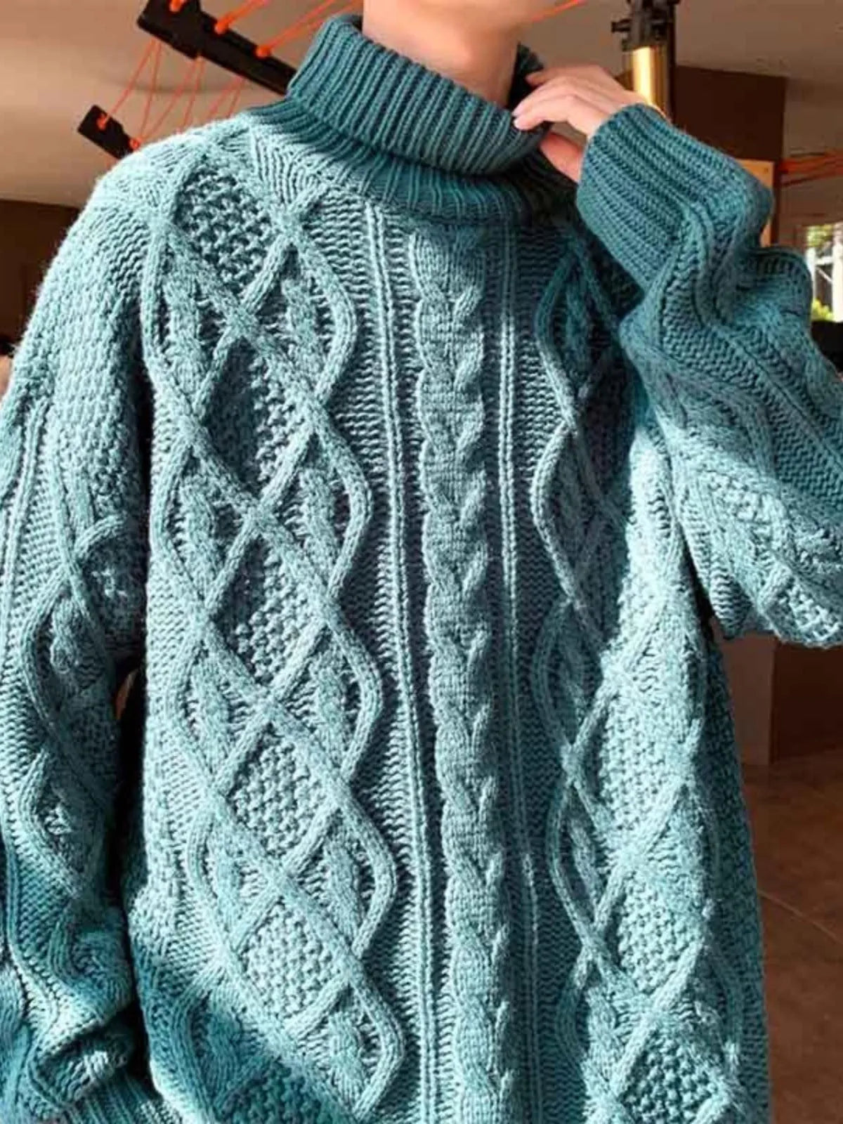 Japanese-style retro green jacquard turtleneck sweater, loose-fit wool-blend pullover for casual wear