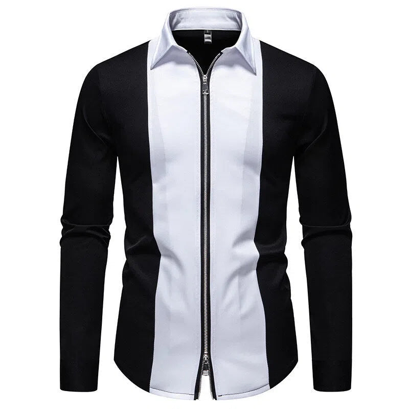 Plus size long sleeve shirt with colour block zipper design in black or white, loose fit, sizes S-XXL
