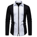 Plus size long sleeve shirt with colour block zipper design in black or white, loose fit, sizes S-XXL