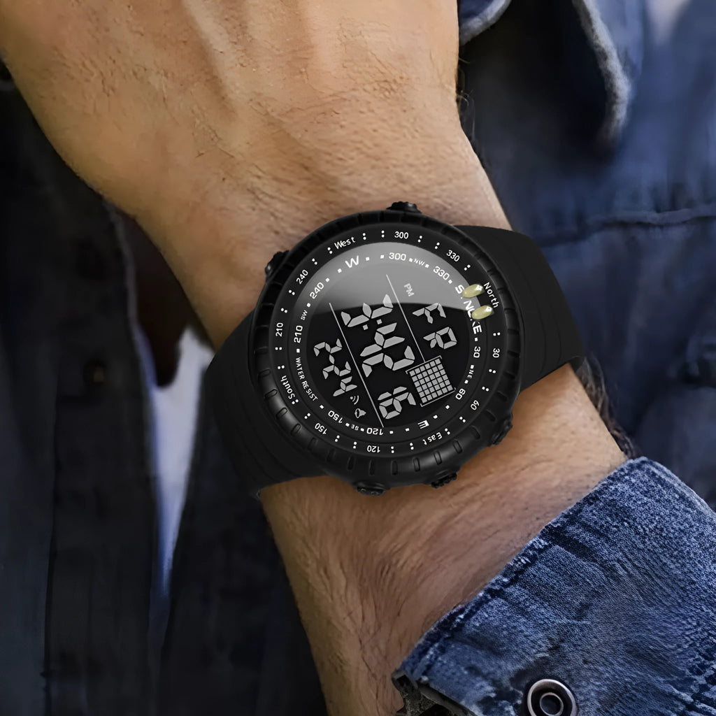 Black men's outdoor digital watch with large 54.74mm dial and WR50M waterproof rating