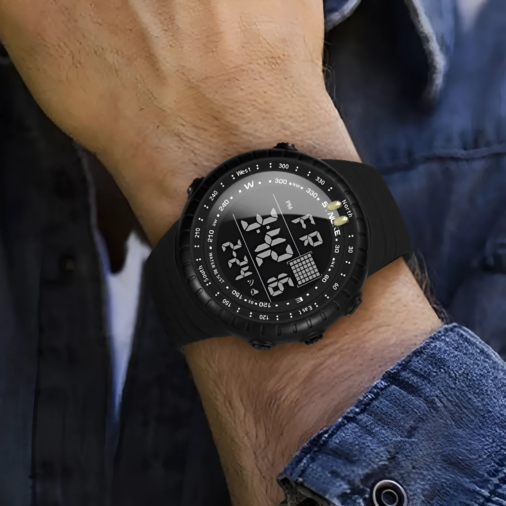 Black men's outdoor digital watch with large 54.74mm dial and WR50M waterproof rating